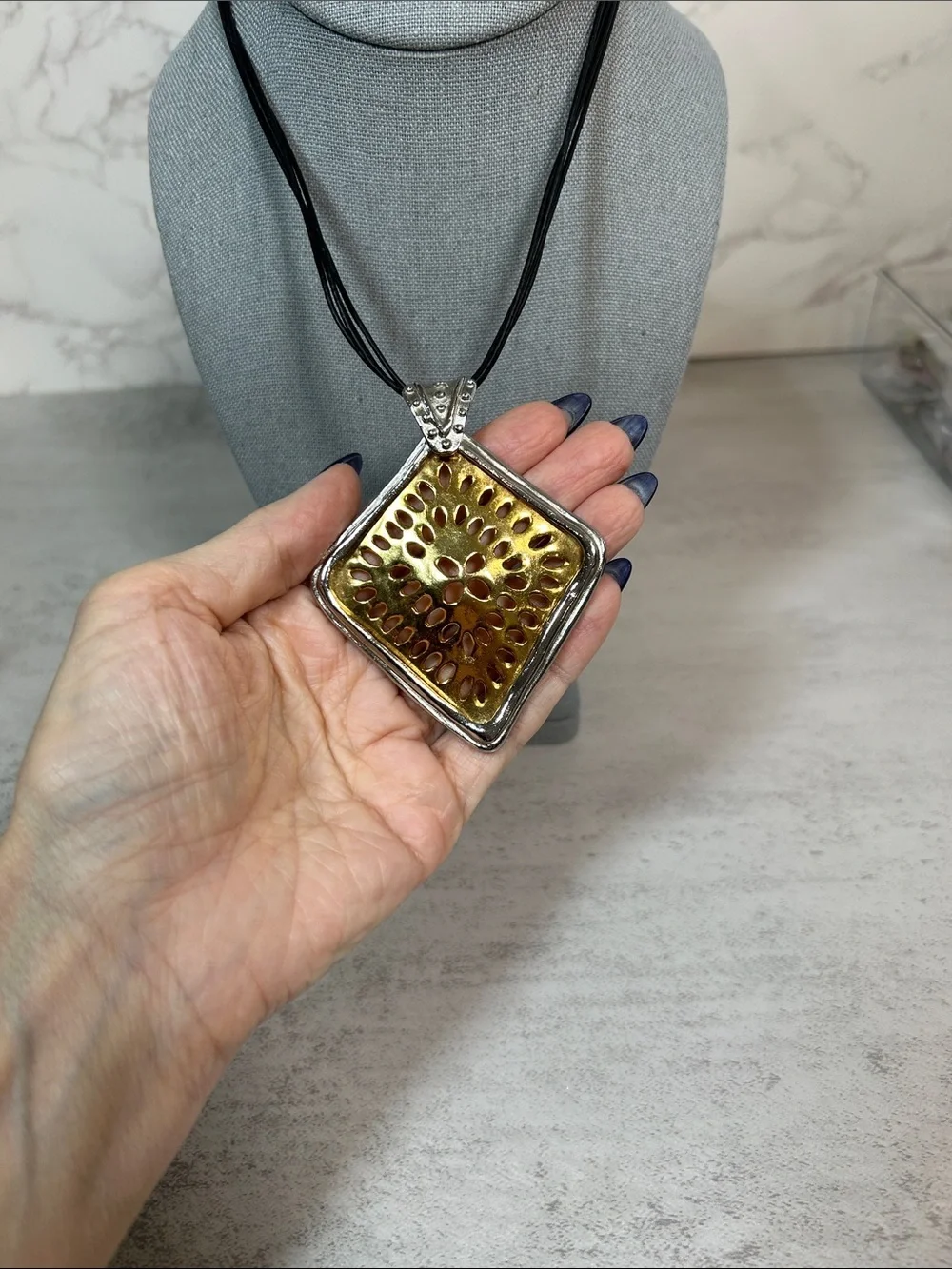 Chico's Gold and Silver Sunburst Pendant Necklace with Black Multi-Strand Cord